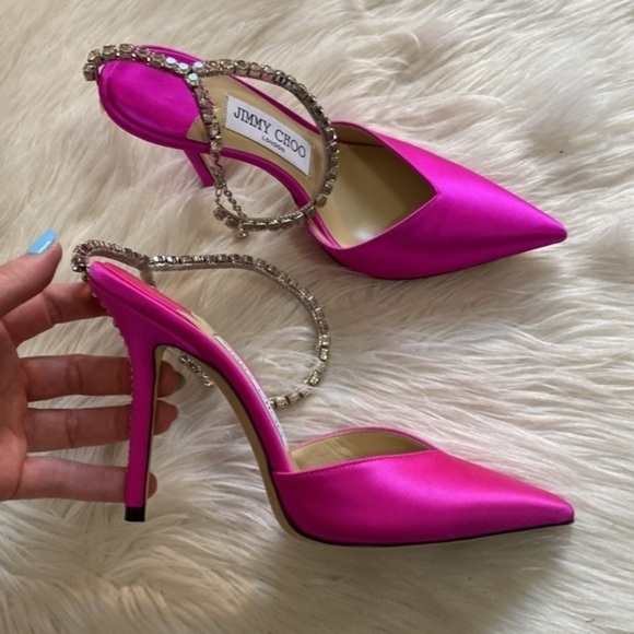 Jimmy Choo Saeda‎ 100mm satin crystal ankle strap pump size 35.5EU - Picture 13 of 16